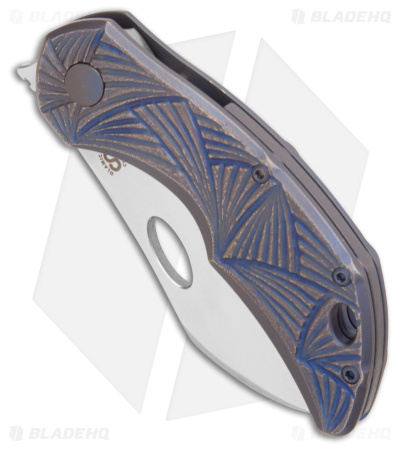 Olamic Cutlery Busker Largo Knife Hand Carved Blue Titanium (2.5" Satin)