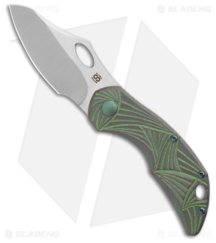 Olamic Busker Semper Knife Carved Green Titanium - Blade HQ