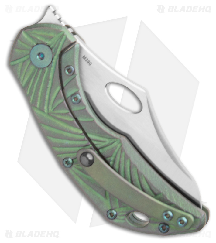 Olamic Cutlery Busker Semper Knife Hand Carved Green Titanium (2.5" Satin)