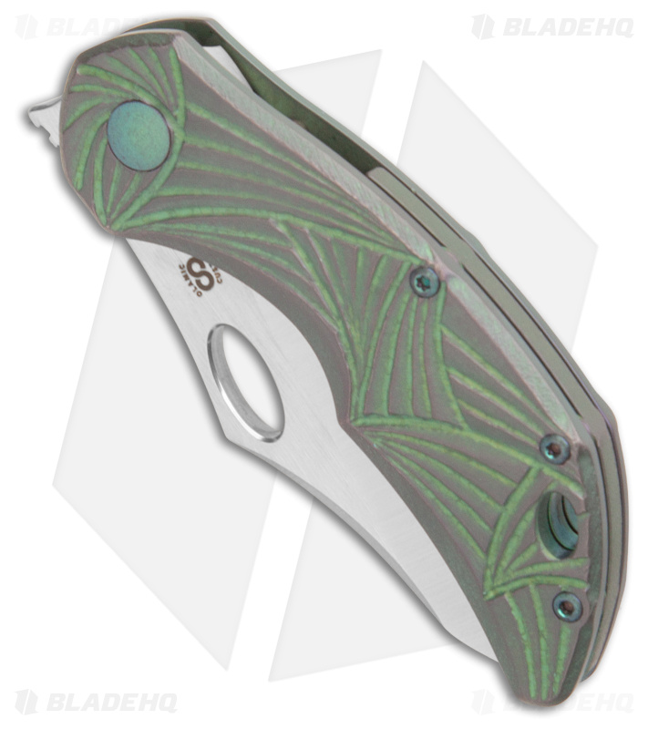 Olamic Cutlery Busker Semper Knife Hand Carved Green Titanium (2.5" Satin)