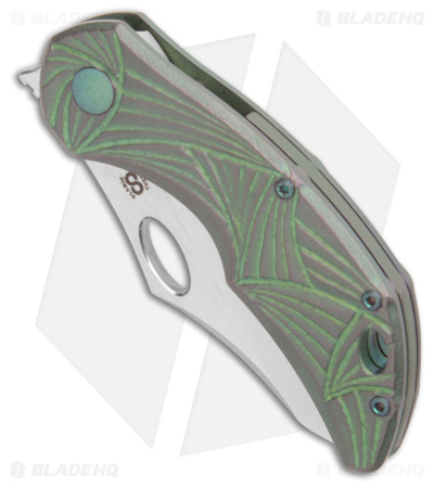Olamic Cutlery Busker Semper Knife Hand Carved Green Titanium (2.5" Satin)