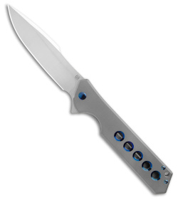 Olamic Rainmaker Harpoon Knife Blasted Ti w/ Blue Holes (4.1" Satin M390)