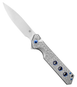 Olamic Rainmaker Spear Point Knife Jeweled Ti w/ Blue Hole Ti (4.1" Satin M390)