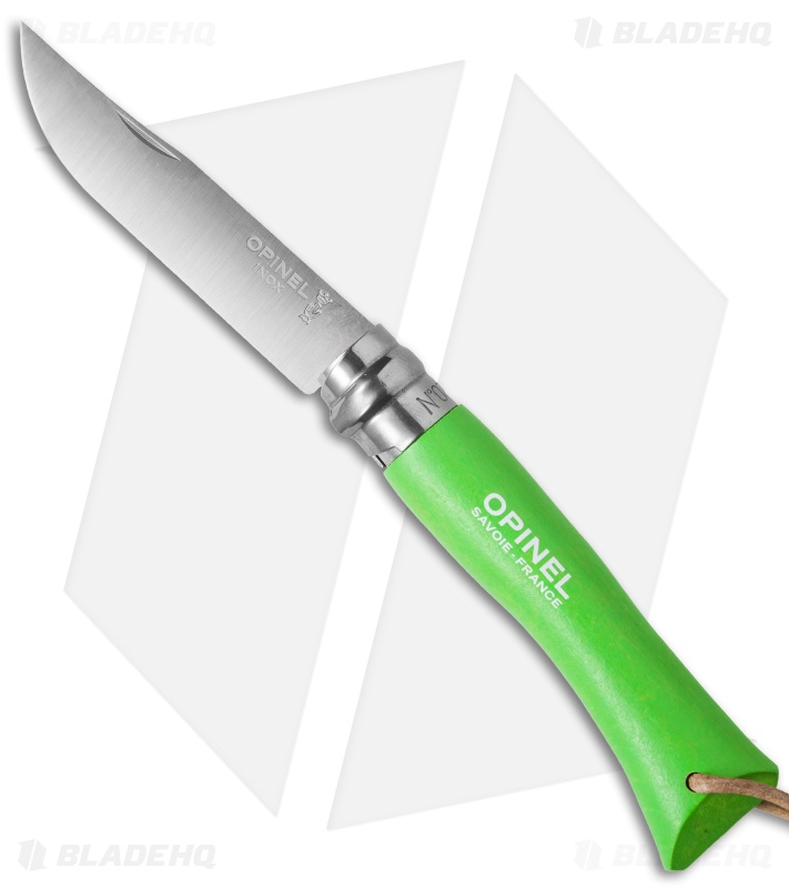 Opinel No 7 Trekking Stainless Steel Knife Green + Leather (3.25" Satin)