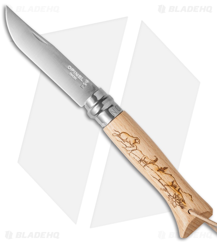 Opinel Knives No. 8 Stainless Steel Knife Beachwood (3.25" Satin) #8 SS Mountain