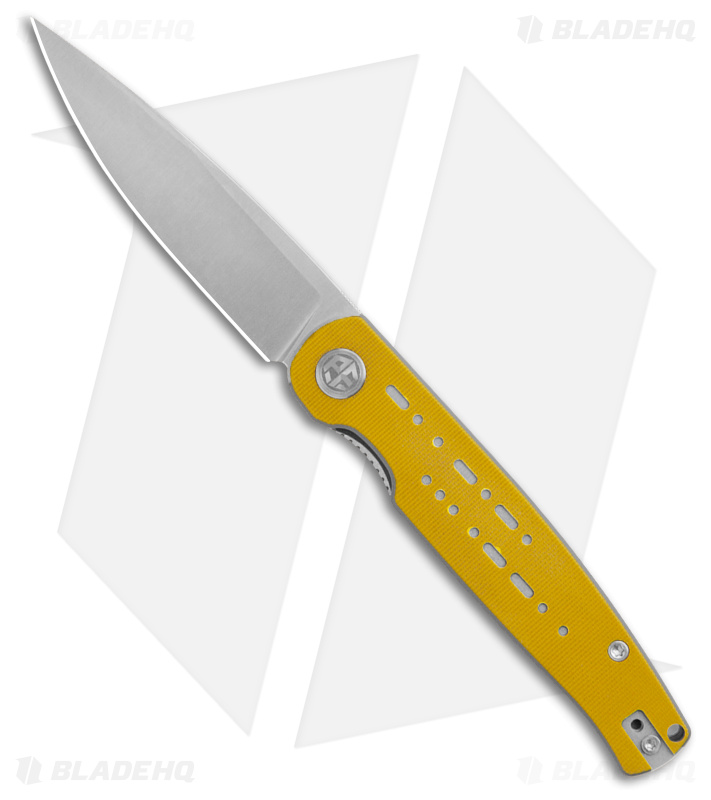 Petrified Fish Morse Liner Lock Knife Yellow/Gry G-10 (3.3" Satin 154CM) PFE07YS