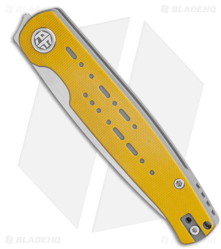 Petrified Fish Morse Liner Lock Knife Yellow/Gry G-10 (3.3" Satin 154CM) PFE07YS