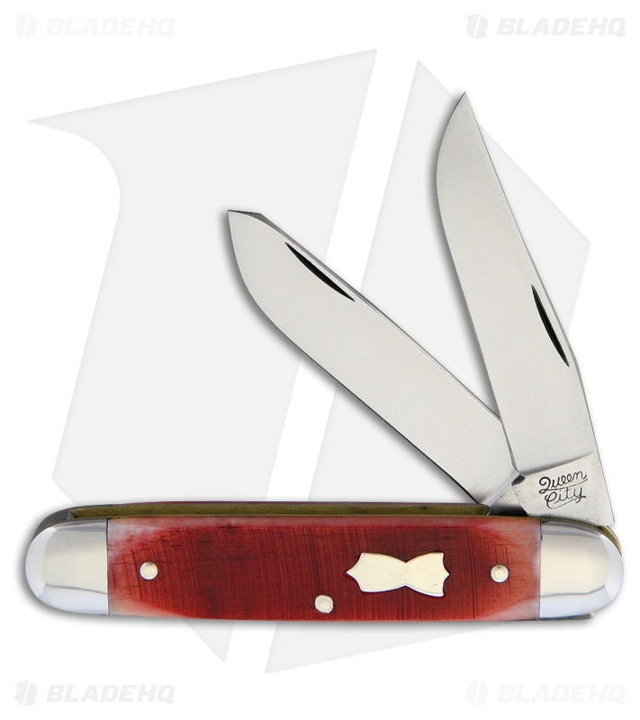 Queen Cutlery City Cigar Trapper Traditional Pocket Knife 4.125" Red Sawcut Bone