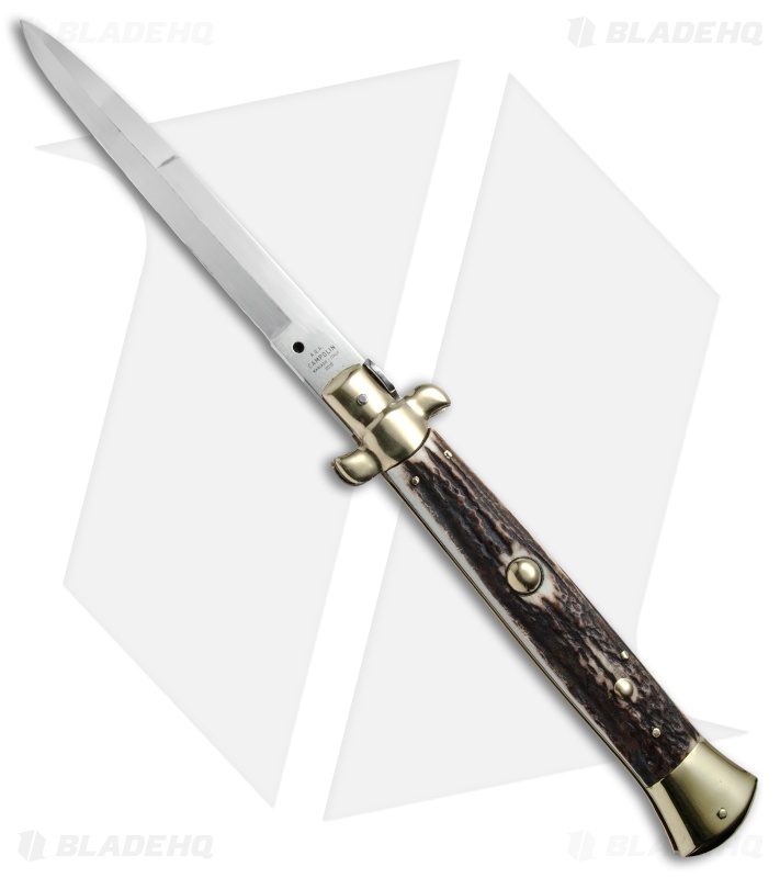 AGA Campolin 15" Auto Italian Stiletto Knife Stag Horn/Brass (7" Satin Bayo)