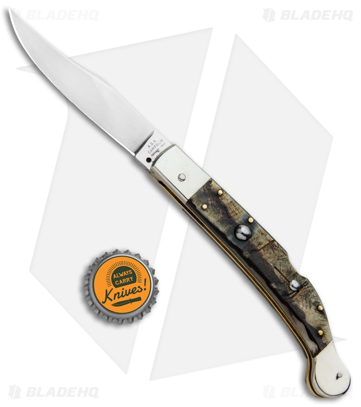 AGA Campolin 9" Sahara Italian Stiletto Automatic Knife Ram Horn (3.8" Mirror)