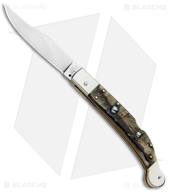 AGA Campolin 9" Sahara Italian Stiletto Automatic Knife Ram Horn (3.8" Mirror)