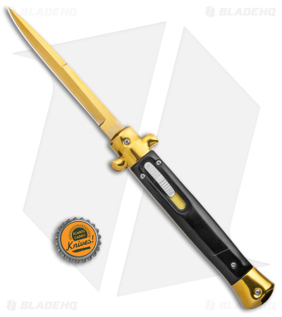 Mago 11" Italian Stiletto OTF Auto Knife Black Acrylic(4.75" Gold Bayonet)*DISC*