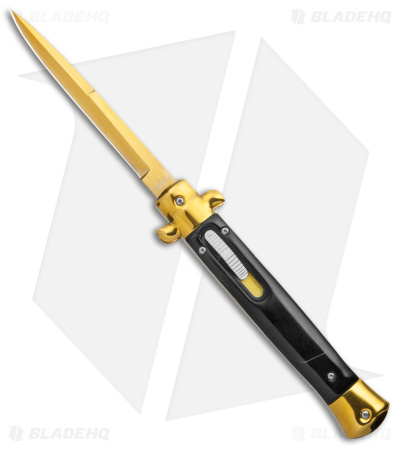 Mago 11" Italian Stiletto OTF Auto Knife Black Acrylic(4.75" Gold Bayonet)*DISC*