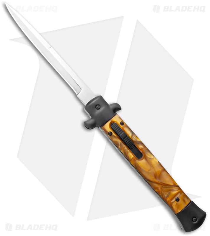 11" Italian Stiletto OTF Automatic Knife Gold Smoke Abyss (4.9" Satin) Bayo