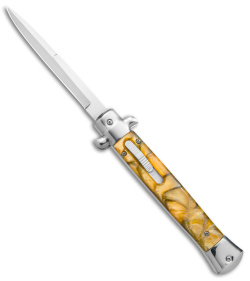 11"  Stiletto OTF Automatic Knife Yellow Acrylic 4.75" Satin Bayo w/o Clip