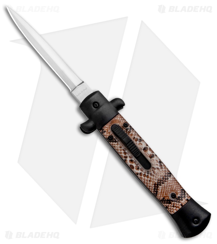 Mago 9" Italian Stiletto OTF Automatic Knife Black Diamondback (3.8" Satin)