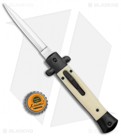 Mago 9" Italian Stiletto OTF Auto Knife Sim Ivory Black Bolsters (3.75" Satin)