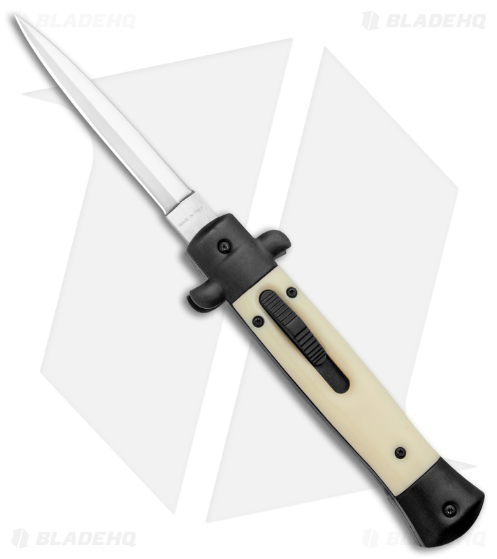 Mago 9" Italian Stiletto OTF Auto Knife Sim Ivory Black Bolsters (3.75" Satin)