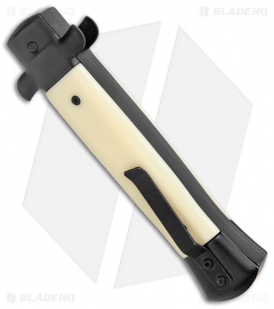 Mago 9" Italian Stiletto OTF Auto Knife Sim Ivory Black Bolsters (3.75" Satin)