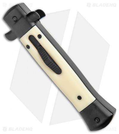 Mago 9" Italian Stiletto OTF Auto Knife Sim Ivory Black Bolsters (3.75" Satin)