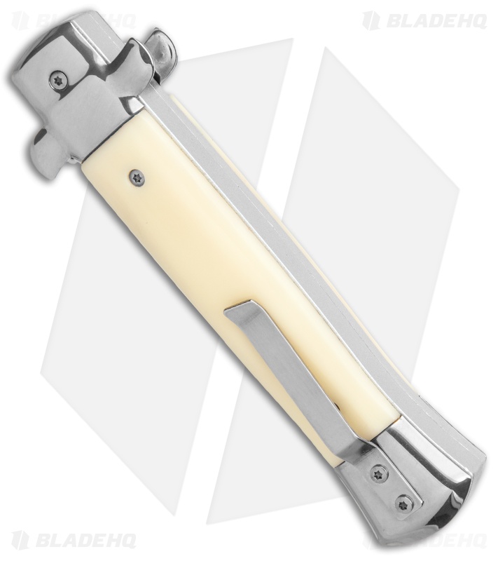 Mago 9" Sim Ivory Italian Stiletto OTF Auto Knife Satin Bolsters (Satin