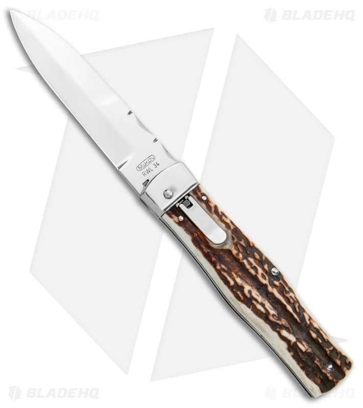 Mikov 241 Predator Lever Lock Bayo Automatic Knife Stag File Work (3.75" Satin)