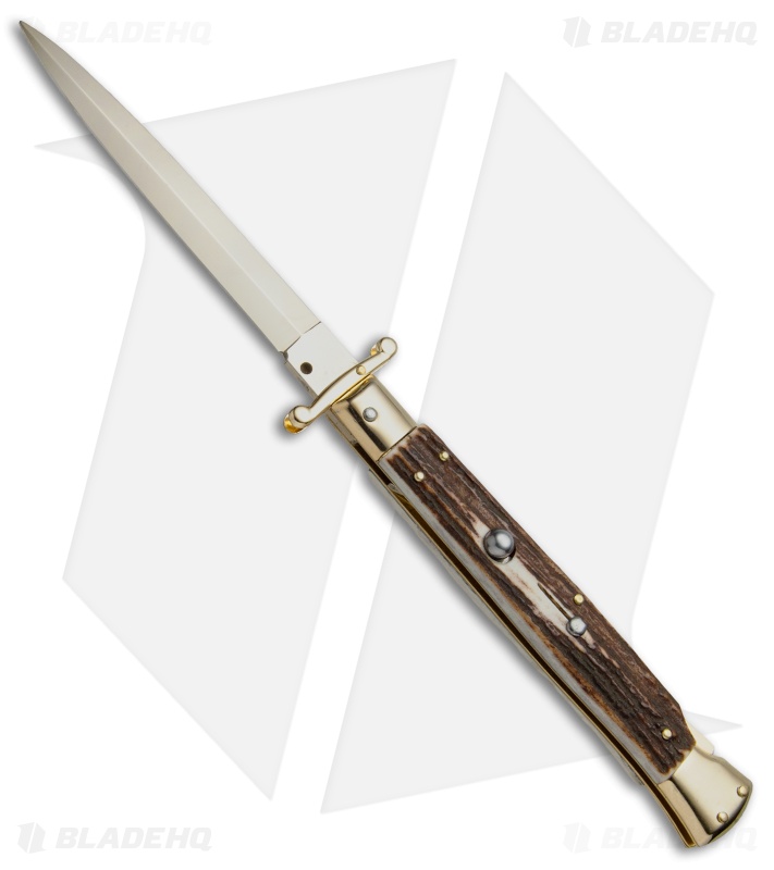 Frank B 11" Italian Stiletto Swinguard Gold Plated Stag Horn (5" Dagger)