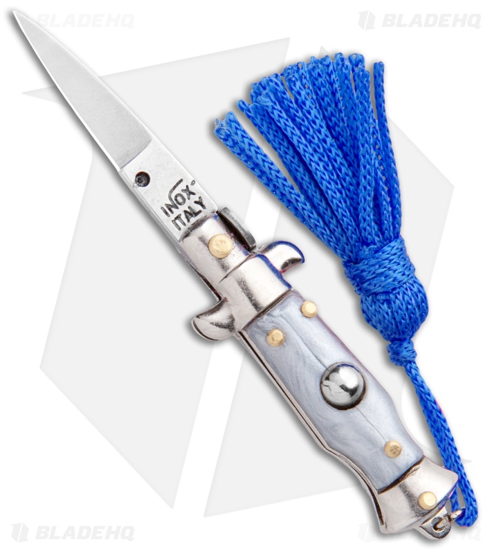 SKM Italian Stiletto Keychain Automatic Knife Silver/Blue (1.125" Satin)