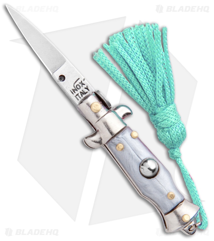 SKM Italian Stiletto Keychain Automatic Knife Silver/Teal (1.125" Satin)