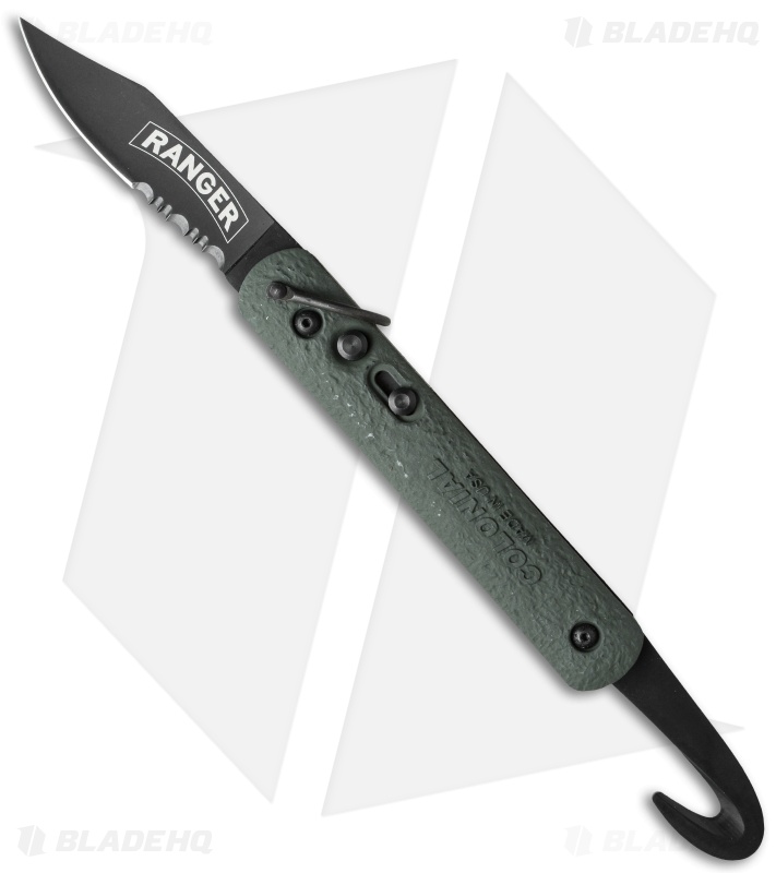 Colonial Ranger Automatic Knife OD Green Bail (3" Black Serr) M-736