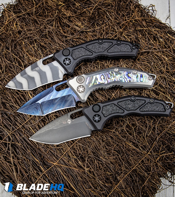 Heretic Knives Medusa Tanto Automatic Knife Ti/Abalone Blued (3" Dama/Recurve)