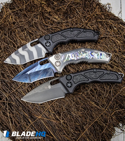 Heretic Knives Medusa Tanto Automatic Knife Ti/Abalone Blued (3" Dama/Recurve)