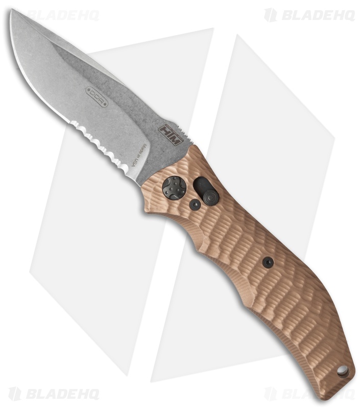 HTM Gun Hammer Bowie Automatic Knife Flat Dark Earth (3.5" Stonewash Serr)