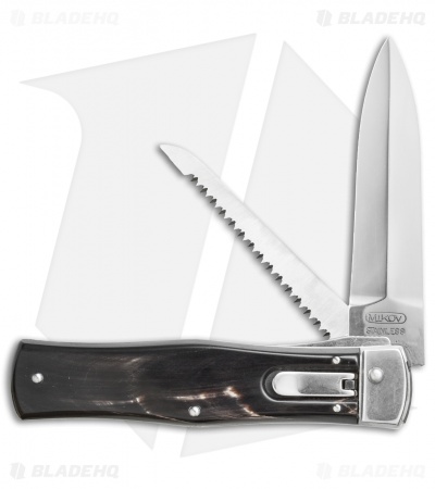 Mikov 241 Predator Lever Lock Automatic Knife w/ Saw Dark Horn (3.75" Polish)