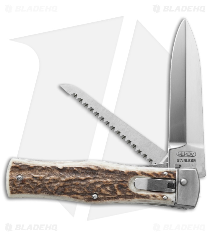 Mikov 241 Predator Leverlock Automatic Knife w/ Saw Stag Horn (3.75" Polish)