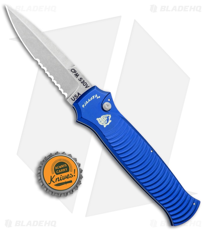 Piranha Bodyguard Automatic Knife Blue (3.3" Stonewash Serr)
