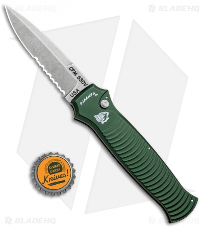 Piranha Bodyguard Automatic Knife Green (3.3" Stonewash Serr)