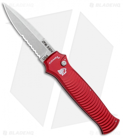 Piranha Bodyguard Automatic Knife Red (3.3" Stonewash Serr)