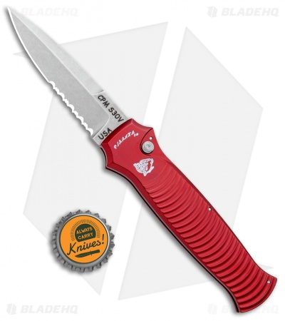 Piranha Bodyguard Automatic Knife Red (3.3" Stonewash Serr)