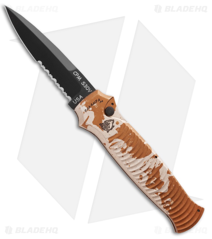 Piranha Bodyguard Automatic Knife Desert Camo (3.3" Black Serr)