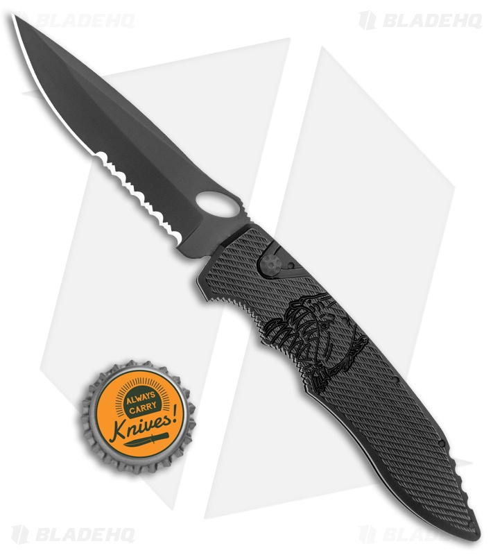 Piranha Mini Predator Black Tactical Automatic Knife Serrated (3.5" Black)