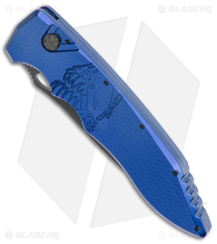 Piranha Mini Predator Blue Tactical Automatic Knife (3.5" Black Serr)