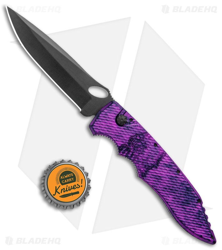 Piranha Mini Predator Plum Purple/Black Tactical Automatic Knife (3.5" Black)