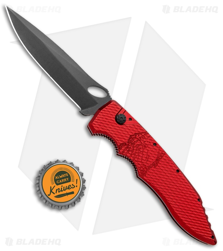Piranha Mini Predator Red Automatic Knife (3.5" Black Plain)