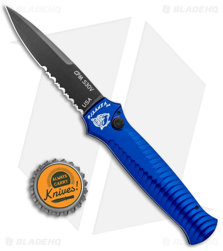 Piranha Mini-Guard Blue Tactical Automatic Knife (2.9" Black Serr)