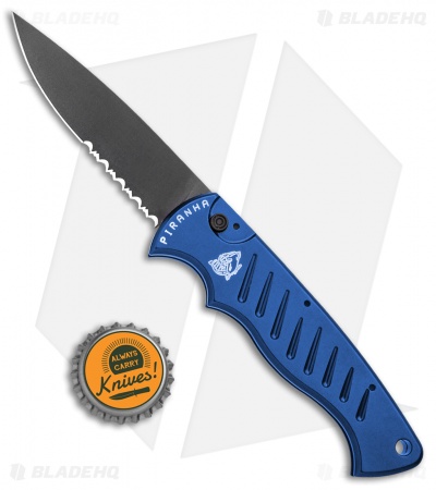 Piranha Tactical Blue P-1 Pocket Automatic Knife (3.2" Black Serr)