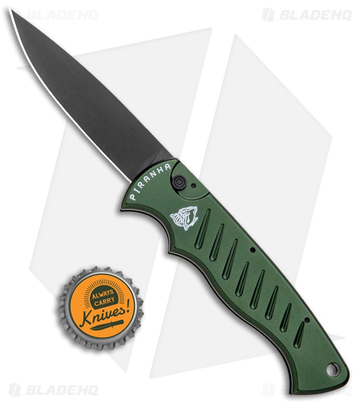 Piranha Tactical Green Pocket Automatic Knife (3.2" Black Plain)