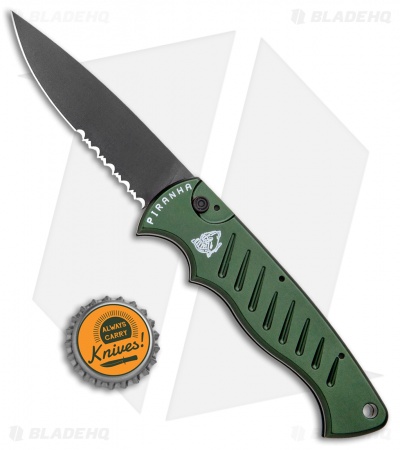 Piranha Tactical Green Pocket Automatic Knife (3.2" Black Serr)