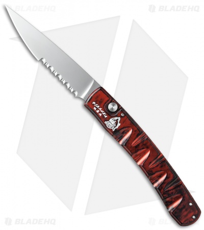 Piranha Virus Automatic Knife Red Marble Aluminum (3.25" Mirror Serrated)