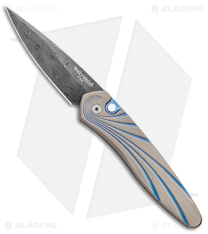 Pro-Tech Custom Newport Automatic Knife Wave Pattern Ti (3" Raindrop Damascus)